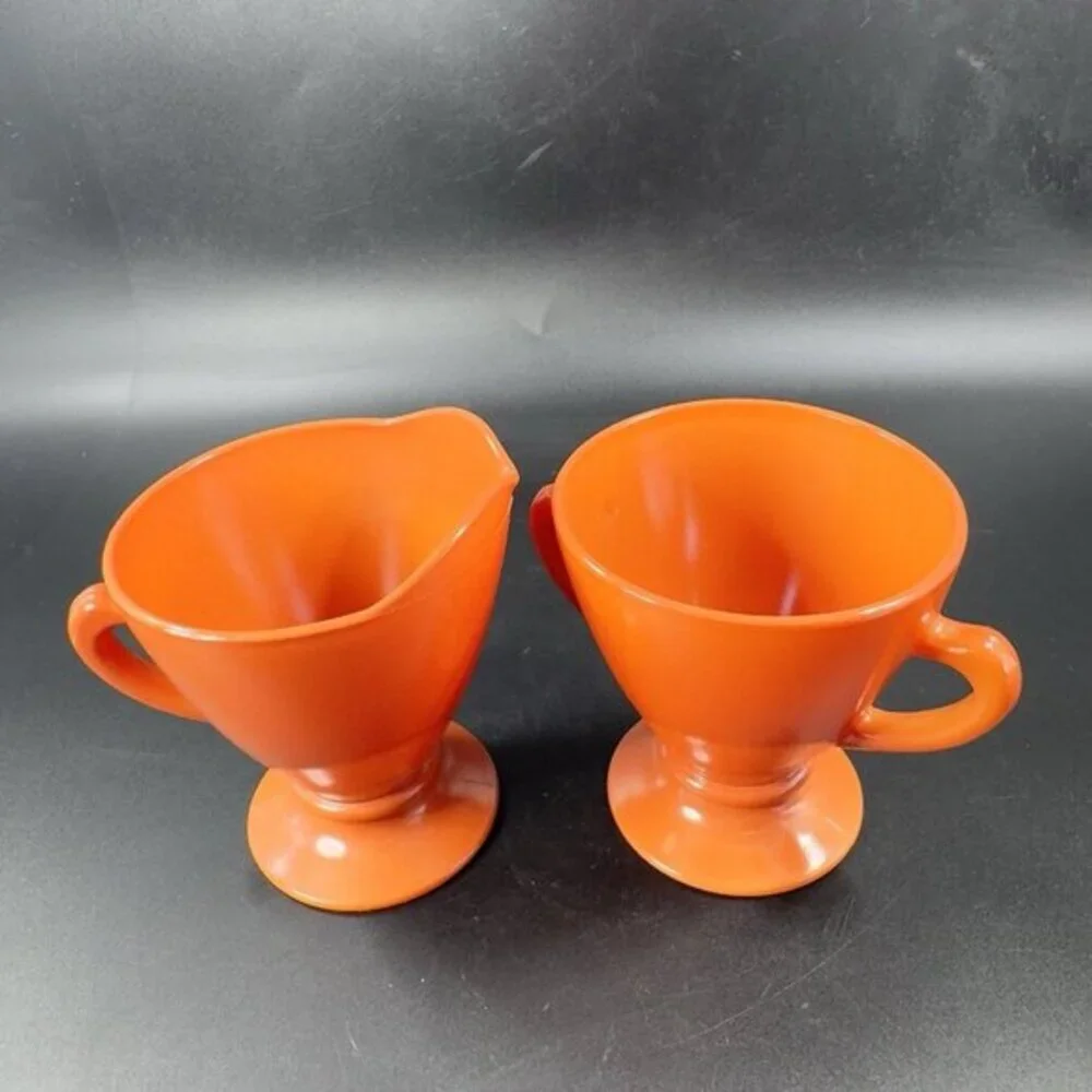Vintage Hazel Atlas Glass Sugar And Creamer Set Marked‎ Kitchenware Orange Glaze